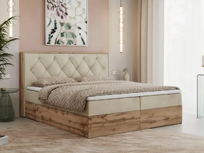 Obrázek produktu pro Boxspring, Moderní postel VENETO Kompletní set s Topperem - 180x200 cm - Středně tvrdé materace H3 | Béžová Samet - Topper T25