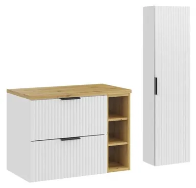 Immagine prodotto di Set bagno NOXERA 80 cm – Mobile sospeso con piano per lavabo, nicchie aperte e colonna
