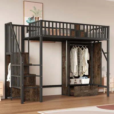 Produktbild von Metall Hochbett 90x200 mit Kleiderschrank und Schubladen, Hochbett aus Metall und Holz mit Aufbewahrungsleiter in Schwarz