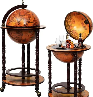 Produktbild von Globusbar Hausbar Antik, Barwagen Vintage, Cocktailbar Wiskybar Massivholz mit Bodenplatte, Minibar mit 3 Rollen, Dekobar 90 cm (Braun)