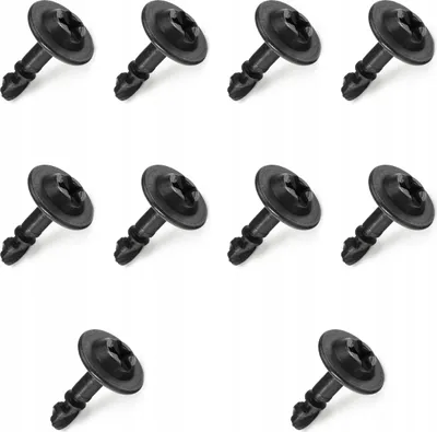 A collection of black plastic screws arranged in a grid on a white background.