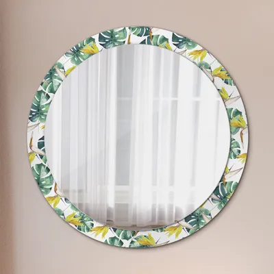 Produktbild von Wohnzimmer Spiegel - Badezimmerspiegel Wandspiegel zum Schlafzimmer – Schminkspiegel - Tropisch Blätter - Rund: Ø90cm