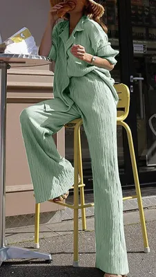 Image de ASKSA Femme 2 pièces Tenues d'été décontractées Ensemble plissé Deux pièces manches longues Taille haute Loungewear, Vert clair, XL