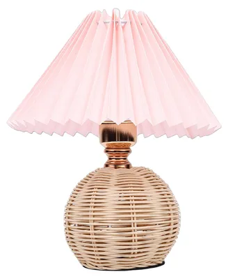 Obrázek produktu pro Stolní lampa s plisovaným stínidlem, jemně žluté světlo, látkové stínidlo, ratanový podstavec, noční lampička do ložnice, růžová barva