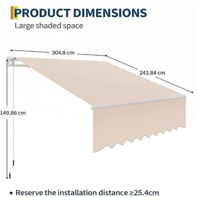 Immagine prodotto di Tenda da sole a braccio estendibile, ideale per terrazze e balconi, dimensioni 3x2,4 metri, con manovella, inclinazione regolabile, impermeabile, protezione UV50+, colore kaki