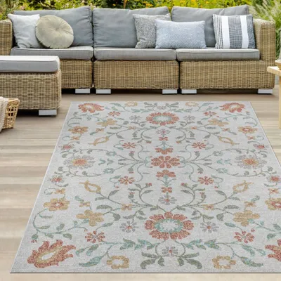 Produktbild von Teppich Outdoor Wohnzimmerteppich creme mit buntem Blumenmuster Größe - 200 x 290 cm