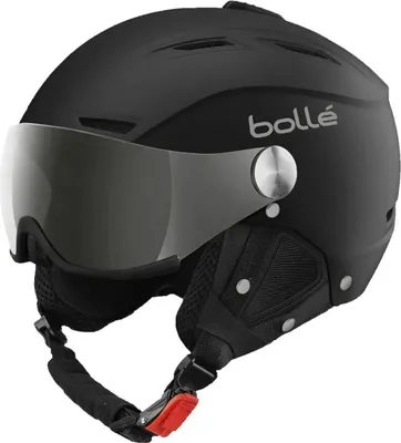 A black ski helmet with a silver visor.