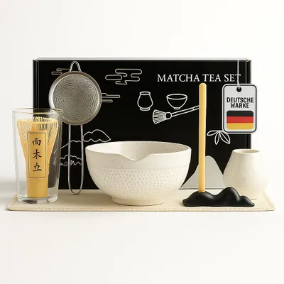 Produktbild von Roxlin Matcha Set Tea (7-teilig) Keramik, Bambus Matcha Schneebesen, handgemachte Schale, Sieb & Zubehör - Weiss