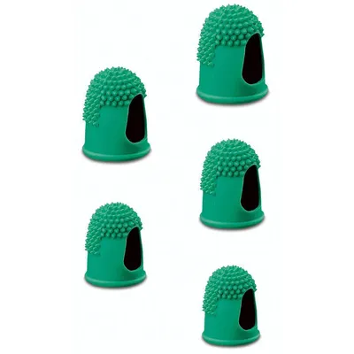 A group of five green finger cots with textured tops are arranged in a grid on a white background.