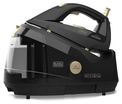 A black and gold steam iron station.