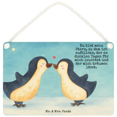 Produktbild von Mr. & Mrs. Panda Holzschild Pinguin Liebe Design DIN A5 - Weiß - Geschenk, Freundin, Türschild, Hochzeitstag, Vertraut, Pinguine, wandtafel, holzbild, Liebesspruch