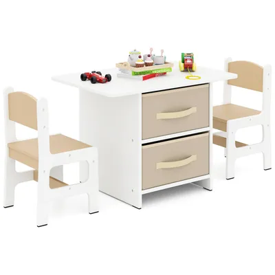 Produktbild von COSTWAY Kindertisch mit 2 Stühlen, 3 TLG. Kindersitzgruppe aus Holz mit 2 abnehmbarem Körben & breite Tischplatte, Aktivitätstisch Maltisch mit Stauraum