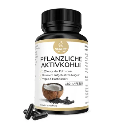 Produktbild von Pflanzliche Aktivkohle - 2000mg hochdosiert - aus Kokosnuss Vegan - 180 Kapseln