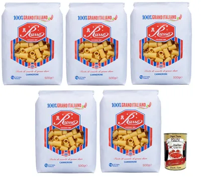 Produktbild von 5x Russo Canneroni N°107 Hartweizengrieß Pasta,100% Italienischer Weizen,500g-Packung + Italian Gourmet Polpa di Pomodoro 400g Dose