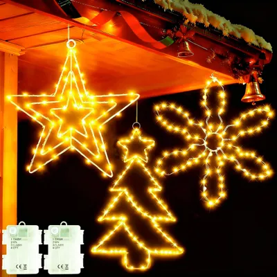 3er-Set LED Fensterlichter: Stern, Baum, Schneeflocke, Timer