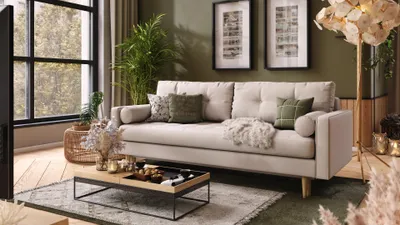 Produktbild von Esme II 3-Sitzer-Sofa mit Schlaffunktion, Massivholzkonstruktion, skandinavischer Stil, gestepptes Sitzkissen, Hohe Beine aus Eichenholz, gewachst, Grande 03 Beige