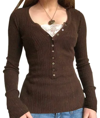 Image de T-shirt à manches longues style Henley avec dentelle, pour femmes