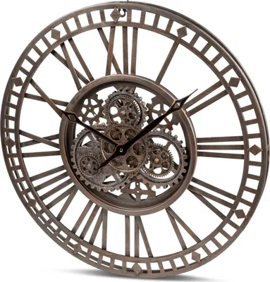 A close-up, studio shot of a decorative wall clock with visible gears.