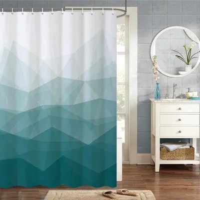 Obrázek produktu pro Uniqoos® Voděodolná sprchová závěsa, 100% polyester, 105 x 160 cm, zelená – geometrický vzor hor, včetně háčků