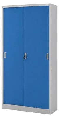 Image de Armoire de classement pour bureau, avec portes coulissantes, en tôle d'acier, étagères en tôle d'acier, revêtement par poudre, verrouillable, dimensions : 185 cm x 90 cm x 40 cm, couleur gris-bleu