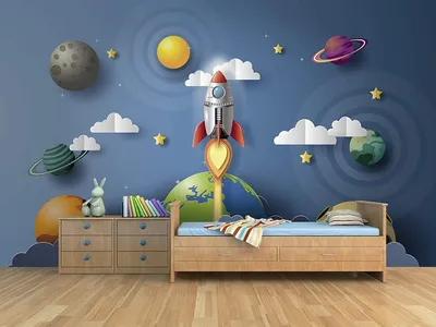 Image de Papier peint pour enfants représentant des fusées et des planètes
