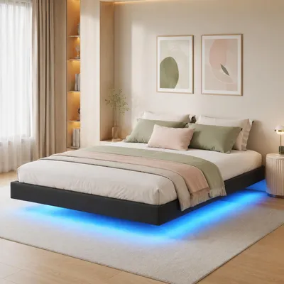 Produktbild von INONEFT Polsterbett schwebebett 160x200cm mit LED, doppelbett mit hydraulik stauraum, jugendbett bettgestell mit lattenrost, Polyurethanschwarz, ohne Kopfteil