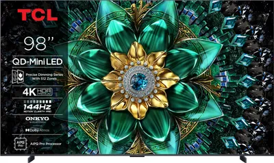 A close-up marketing image of a TCL television screen displaying a vibrant, abstract floral design.