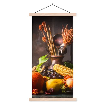 Produktbild von MuchoWow® Textilposter Gemüse - Obst - Rustikal - Tisch 60x120 cm mit holzfarbenen Rahmen - Holz