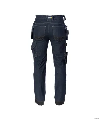 A pair of dark blue work jeans with multiple pockets, shown from the back.