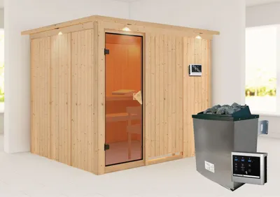 Produktbild von Karibu Sauna Innensauna Gobin Fronteinstieg Ofen 9 KW externe Strg easy 245x210x202 cm mit Dachkranz mit Bronzierte Tür