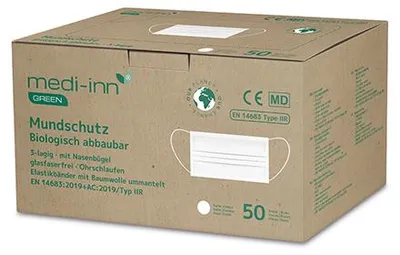 Produktbild von 500 Medi-Inn Medi-Inn GREEN Mundschutz Type IIR 3-lagig 9,5 cm x 17,5 cm weiss 3-lagig, biologisch abbaubar 92751