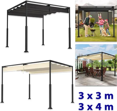 Image de LARS360 Pergola robuste 3x3m pour jardin & terrasse - Pavillon avec toit coulissant, cadre métallique & toit résistant aux intempéries, protection contre le soleil & le vent, noir