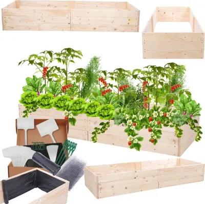 Produktbild von MODO24 Hochbeet Holz, Pflanzkasten, Massivholz, Kiefer, Kräuterbeet, Blumenkasten, Garten, Terrasse, 27x163x60 cm, Natur, ZP06