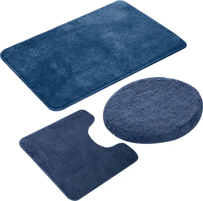 Produktbild von 3-teiliges Badezimmer Teppich-Set, rutschfeste Microfaser, zottel, weich, Badematte, Kontur Badematte, Toilettensitzbezug, 50 x 80 cm,Marine
