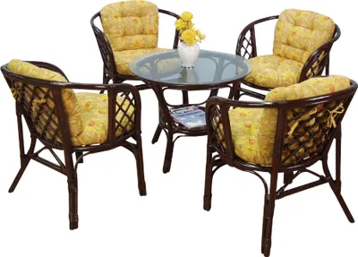 Produktbild von Rattansitzgruppe mit Kissenauflagen 9-Teilig, braun/ocker "Sonnenblumenmotiv"