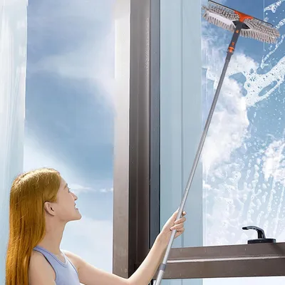 Produktbild von 2-in-1 Fensterreinigungsset - Ausziehbare Stange mit Mikrofasertüchern für streifenfreies Reinigen von Fenstern