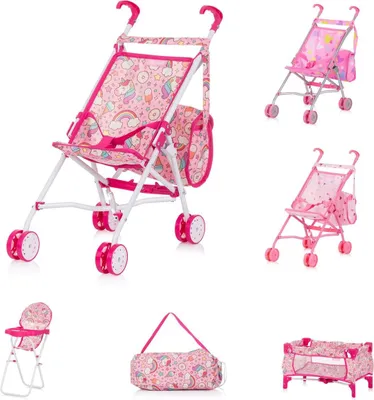 Produktbild von Chipolino Puppen-Zubehör-Set 3in1 Trixy Buggy Hochstuhl Tasche Laufstall faltbar pink