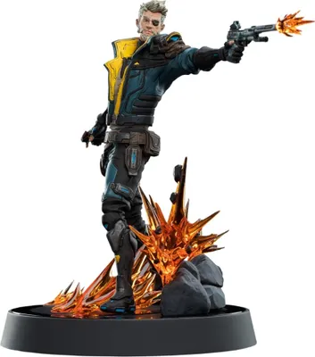 A collectible figurine of a character from the video game Borderlands 3, posed dynamically with a gun and fiery effects.