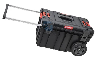 A black rolling toolbox with silver handles and red accents, shown at an angle on a white background.