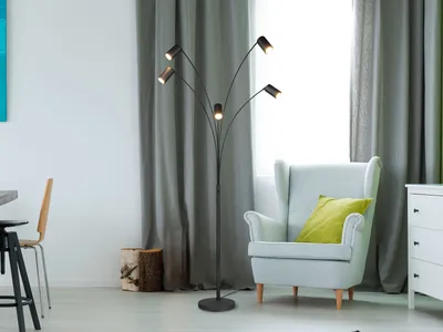 Produktbild von Große LED Bogenlampe Schwarz 5flammig, Spots schwenkbar - Stehlampe Wohnzimmer