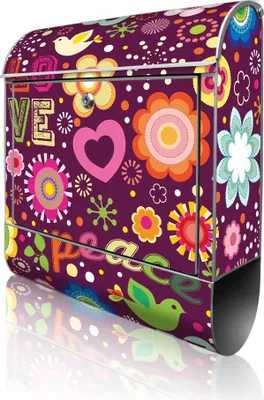 Produktbild von banjado Design Briefkasten Stahl silber mit Zeitungsfach pulverbeschichtet "Love and Peace" 38x46x12,5cm & 2 Schlüssel - Postkasten A4 Einwurf inkl. Montagematerial [BK 10037]