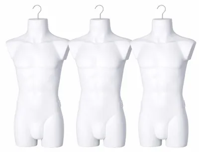 Image de Lot de 3 torses masculins - Torses masculins réalistes en plastique - Torses partiels de couleur blanche - Bustes de mannequins - Torses partiels pour hommes - Mannequins de vitrine avec crochets - 3 torses décoratifs