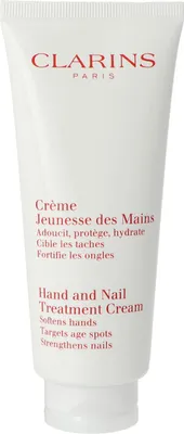 A white tube of Clarins Hand and Nail Treatment Cream.