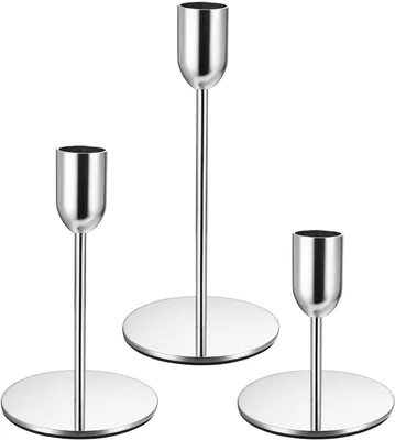 Produktbild von 3 Kerzenständer, silberfarben, Kerzenständer für Stabkerzen, Kerzenständer mit Stabkerzen, Größen: 17/14/9