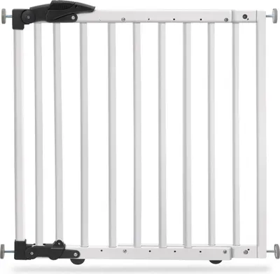 A white metal baby gate with black locking mechanisms is shown against a white background.