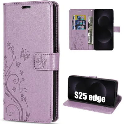 Image de Coque pour Samsung Galaxy S25 Edge, Protection Rabat Anti-Rayures Synthécuir Relief Floral Violet
