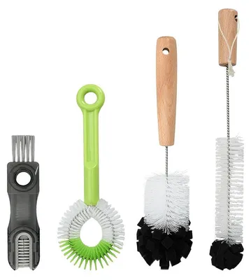 Produktbild von 4er Set Flaschenreiniger – Lange Bürste + Strohhalmbürste + Eckenbürste + Große Bürste – Aus 304 Edelstahl mit Holzgriff, für Thermosflaschen & Babyflaschen