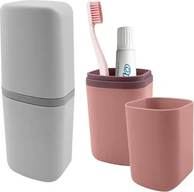 Produktbild von Famanu Set von 2 Zahnbürstenhaltern - Tragbare Zahnbürstenbox (Weiß, Rosa)