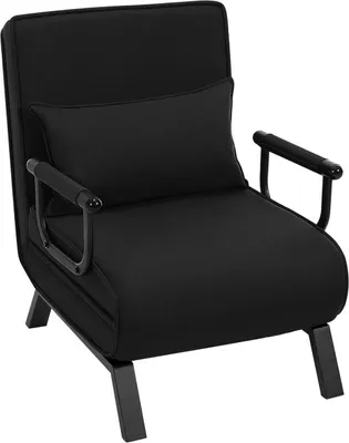 A black armchair with a small pillow on a white background.