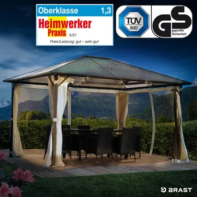 Produktbild von BRAST Alu Pavillon Premium | viele Modelle & Farben | Größen 3x3m 3x4m 3,6x4,8m | inkl. Moskitonetz + LED | wasserdicht | UV-Schutz | festes Dach | 3x4m Beige + LEDs